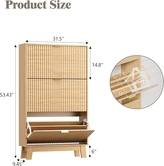 HUANLEGO Shoe Cabinet Storage for Entryway with 3 Flip Drawers, Fluted Narrow Shoe Organizer with Wooden Legs, Freestanding Slim Shoe Storage Hidden Shoe Rack Organizer for Front Door Entrance, Oak