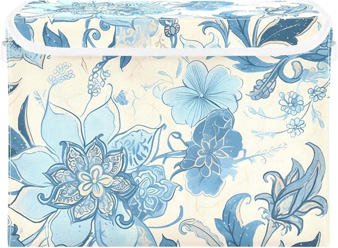 Blue Line Flowers Lidded Storage Bins with Handles - 16.5"x12.6"x11.8" Foldable Organizing Box, Oxford Fabric & Honeycomb Board, Dust-Proof Flip Lid for Closet/Office