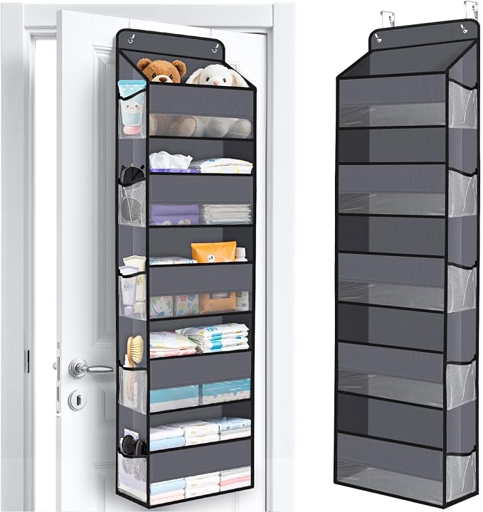 WISELIFE Over the Door Organizer Storage with 5 Large Pockets and Clear Windows, Hanging Organizer for Nursery Bedroom Bathroom Pantry Closet and Baby Essentials, Dark Grey