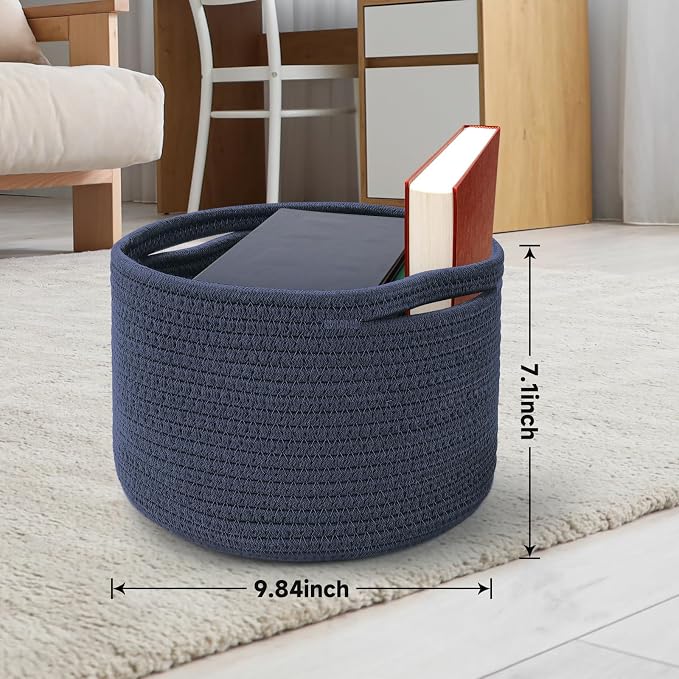 Small Rope Baskets for Storage, Baskets for Gifts Empty, Cute Round Woven Baskets, Decorative Shelf Basket 9.82×9.82×7.1", Cotton Toy Basket Storage Bins for Organizer 3 Packs Navy Blue
