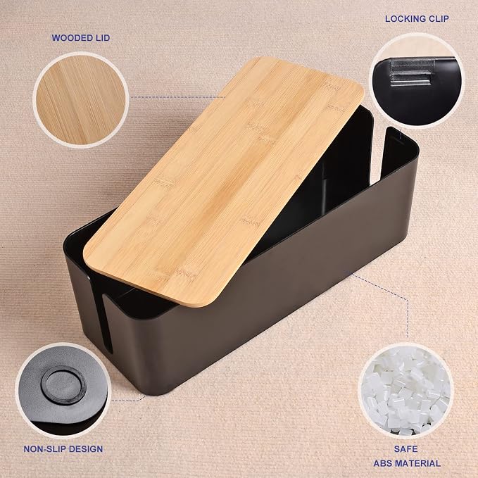 Cable Management Box - Wooden Style Cord Organizer Box to Hide Wires & Power Strips | Desk Computer Cable Organizer Box | Safe ABS Material | 12.6" (L) x 5.3" (W) 4.9" (H) | for Home & Office - Black