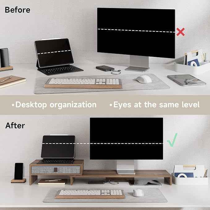 Fenge Triple Monitor Stand with Srorage Drawer, Adjustable Length and Angle | Computer Monitor Riser for 2 or 3 Monitors, Wooden Desktop Laptop Stand, Office Organizer for PC, Screen, Tablet, Brown