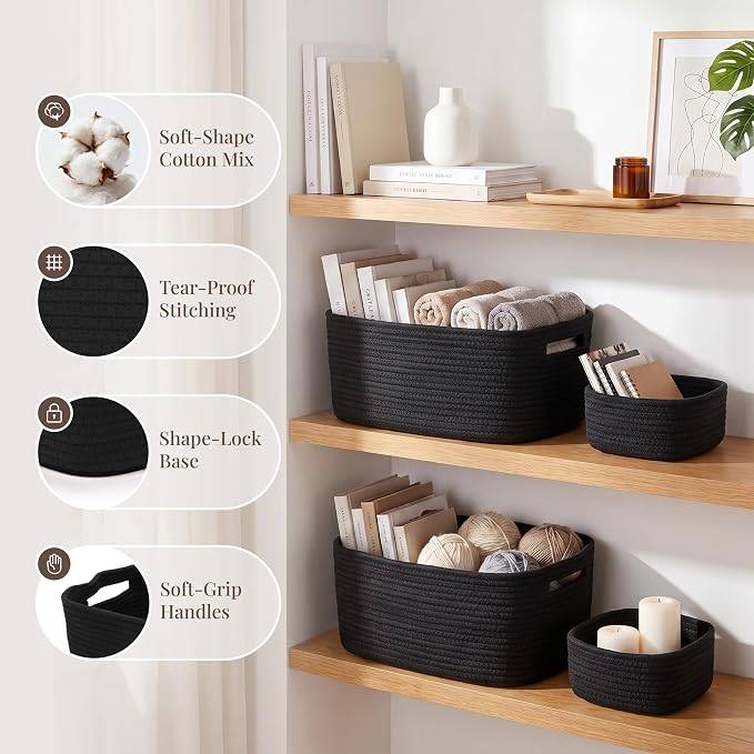 5-Pack Large Woven Rope Storage Baskets, 2 Sizes Organizer Bins | Fabric Cube Boxes and Rectangular Shallow Bins for Closet, Shelf, Bookshelf, Nursery, Changing Table, Bathroom, Toys & Home