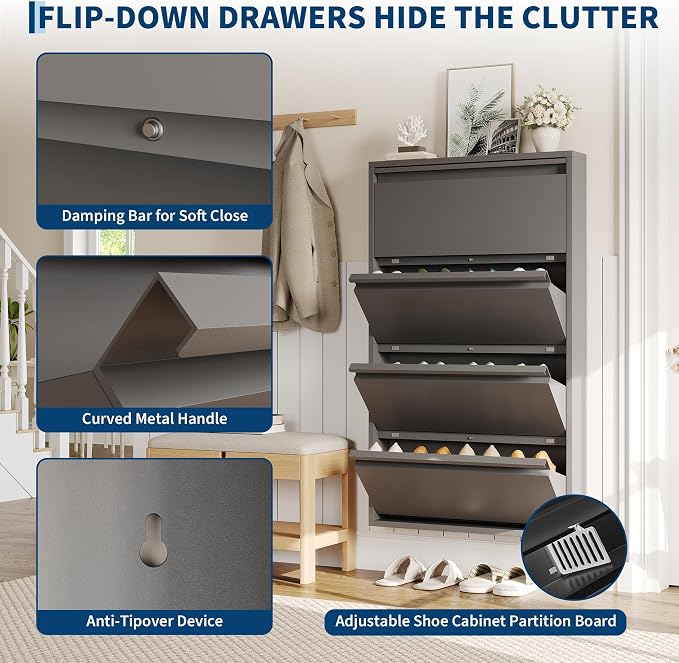 Garvee Slim Metal Shoe Cabinet with 4 Flip Drawers, Narrow Shoe Storage for Entryway, Wall Mounted or Floor Standing, Detachable Bottom Corners for Flexible Placement, Anti-Tip Safety Wall Mount