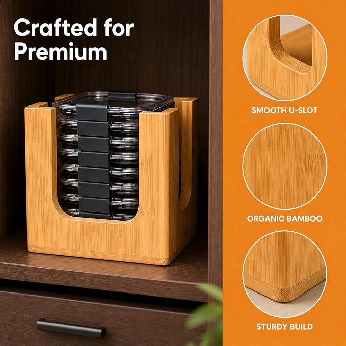 Bamboo Lid Organizer Rack for Rubbermaid Brilliance | 3-piece stackable lid holder, holds 24 lids, fits 4.7/3.2/1.3/0.5 cup, premium warp-resistant bamboo, no assembly needed