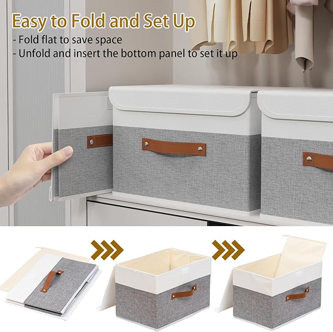 Yawinhe Collapsible Storage Bin, Cube Organizer Basket, Fabric Box with Lids, Washable and Leather Handle, for Home, Closet, White/Grey, 13.0''Lx9.0''Wx7.9''H, 5-Pack, SNK024WGS-5