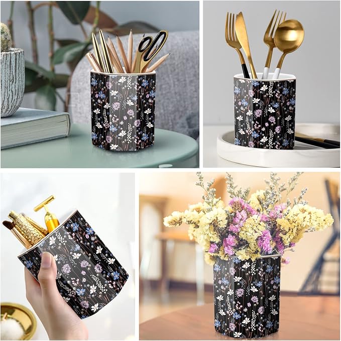 Ceramic Floral Pen Holder for Desk, Cute Large Capacity Colored Pencil Organizer for Office, Makeup Brush Holder for Girl Women, Black Flower