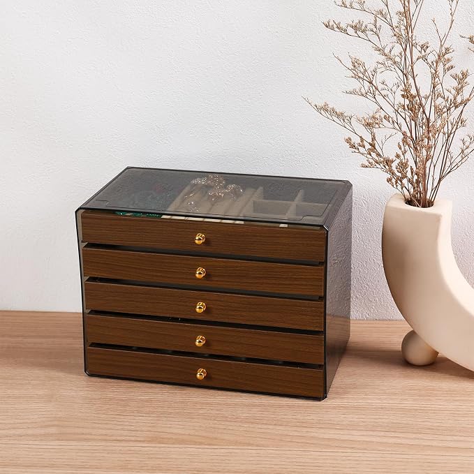 CLUQMEIK 5 Layer Large Wooden Jewelry Box with Acrylic Lid and Wooden Drawers, Stackable Jewelry Organizers and Storage Box for Women and Girls to Storing Rings Earrings Necklaces Bracelets