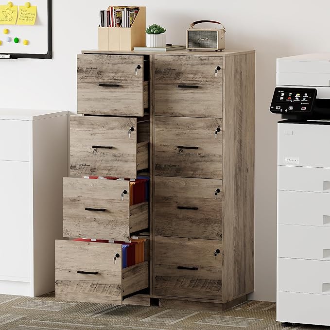 VINGLI 4 Drawer File Cabinet with Lock, Home Office Filing Organizer, for Letter Size File Folder Storage, Wood Tall Vertical Filing Cabinet, Printer Stand, Archivador (Rustic Gray)
