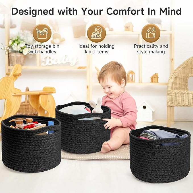 Small Rope Baskets for Storage, Baskets for Gifts Empty, Cute Round Woven Basket, Decorative Shelf Baskets 9.82×9.82×7.1", Cotton Toy Basket Storage Bins for Organizer-Black