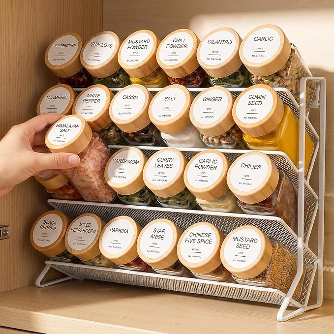 AISIPRIN Spice Rack with Spice Jars 398 Labels,4oz 24 Pcs Spices Jar with Bamboo Airtight Lids,Spices Container Set Seasoning Organizer for Countertop, Cabinet, Kitchen, Pantry, Cupboard