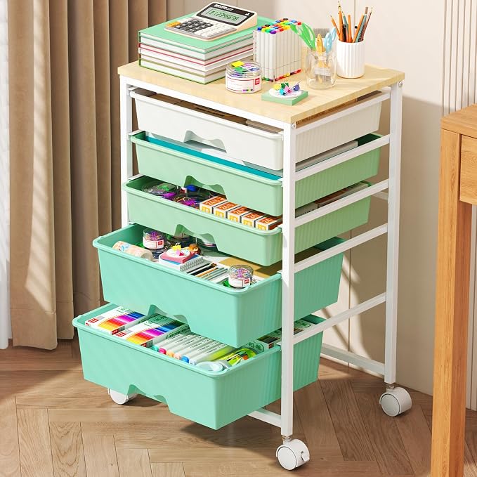 Goovilla Rolling Cart with Drawers, Utility Cart Organizer With 5 Removable Drawers and Wooden Tabletop, Lockable Rolling Storage Organizer for Art, Classroom, Home, Dorm, Office, Craft Storage, Green