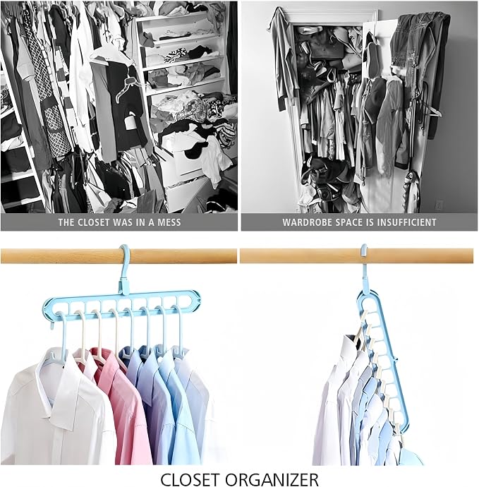 9 Space-Saving Hangers Heavy-Duty PP Plastic Tiered Hanger Organizer with Non-Slip Foldable Design, for Closet (Blue, 10)