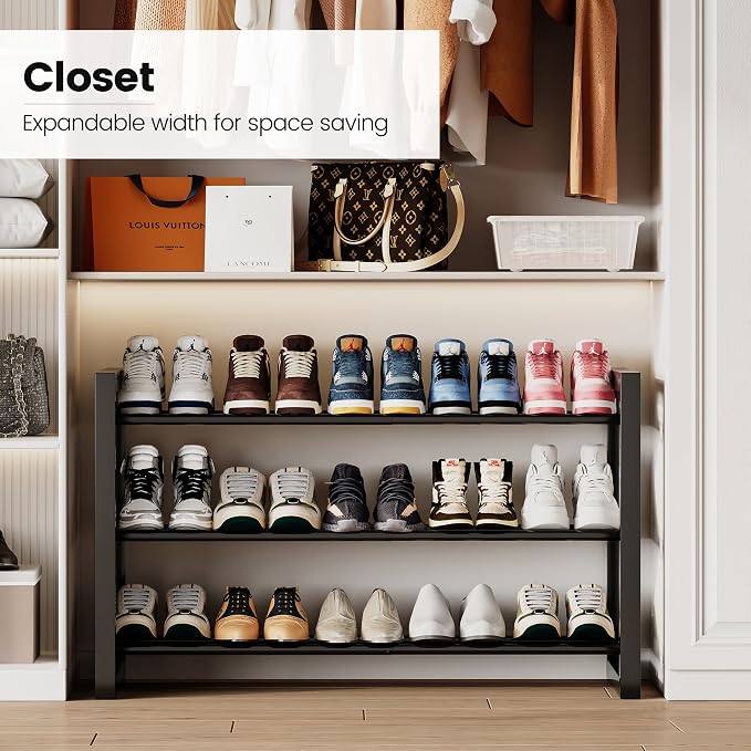Homeiju Expandable Shoe Rack, 3 Tier Metal Shoe Shelf, Adjustable Shoe Stand for Sneakers, Boots, Heels, Heavy-Duty Steel Standing Shoe Organizer for Entryway, Closet, Bedroom, Black