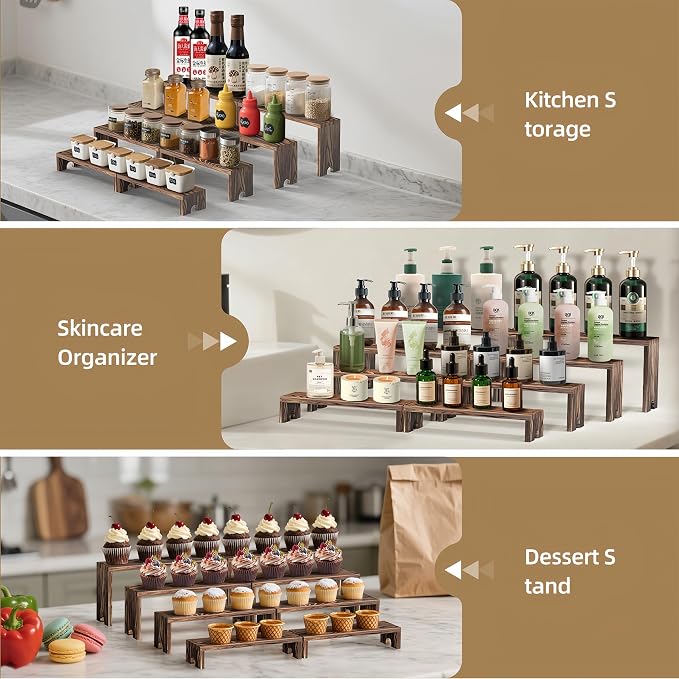 Large 4 Set wood tone Wooden Tiered Display Stands 4 Tier Stackable Pine Wood Display Risers, Suitable for Vendor Events, Cupcake Stands, cake stand Wooden Dessert Table Sets, Vendor Booth Displays,Cosmetic & Perfume Display Tools, Kitchen Spice Storag...
