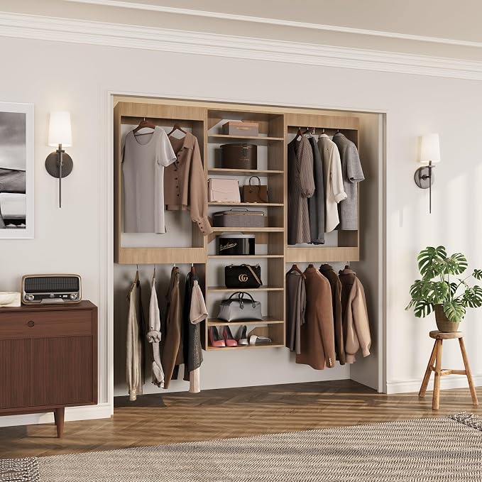 ROOMTEC Modular Closet System, 66" Wall-Mounted Closet Organizer with Hanging Rods and Shelves, Wooden Tower for Walk-In Closets, Wardrobe Storage Kit, Wood