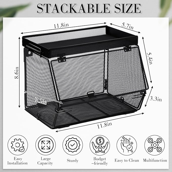 Teenyyou 2 Pcs Stackable Mesh Fruit Basket with Lid Wall Produce Vegetable Storage Basket Onion Potato Hanging Metal Wire Container for Kitchen Counter Pantry(Removable,Black,7.1" w & 11.8" l)