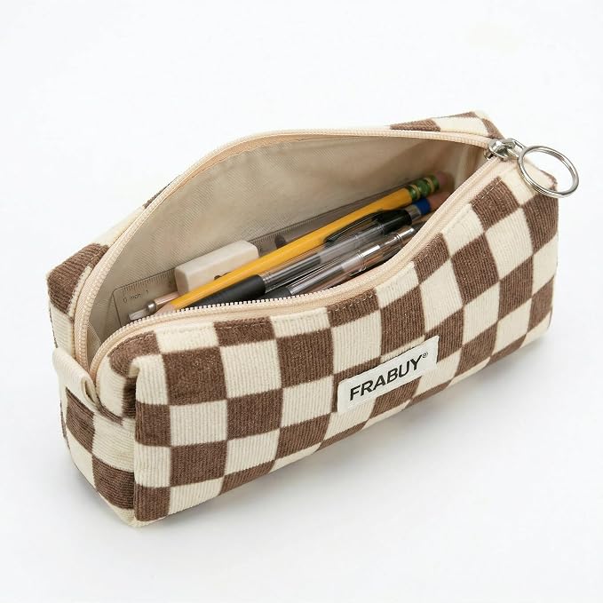 Soft Corduroy Pencil Case Pen Pouch Organizer, Small Stationery Bag | Cute brown checkerboard pouch, smooth zipper, daily cosmetics holder, compact organizer for school teen girls, women