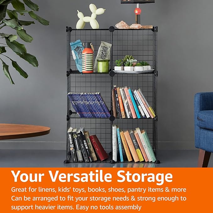 Amazon Basics 6-Cube Wire Grid Stackable Storage Organizer, Metal Shelving Unit, No-Tool Assembly, 26"W x 38"H x 12.6"D, Black