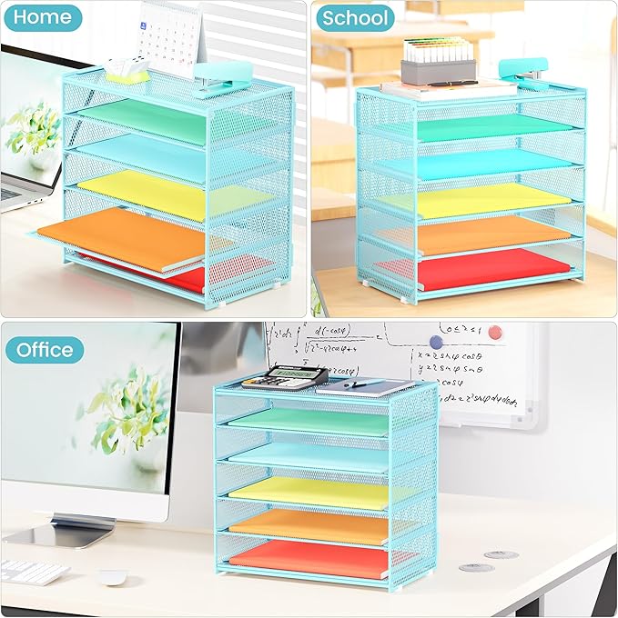 2 Pack 6 Tier Paper Organizer, Metal Mesh Desk File Folder, Letter Tray Organizer, Paper Sorter Desk Organizers for Office, Home or School File Folder Holder - Blue