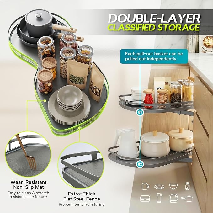 Blind Corner Cabinet Pull Out Organizer, Heavy Duty 2-Tier Soft Close System, Fits 12”-18” Cabinets, Left/Right Adjustable Magic Corner Storage for Kitchen Cabinets
