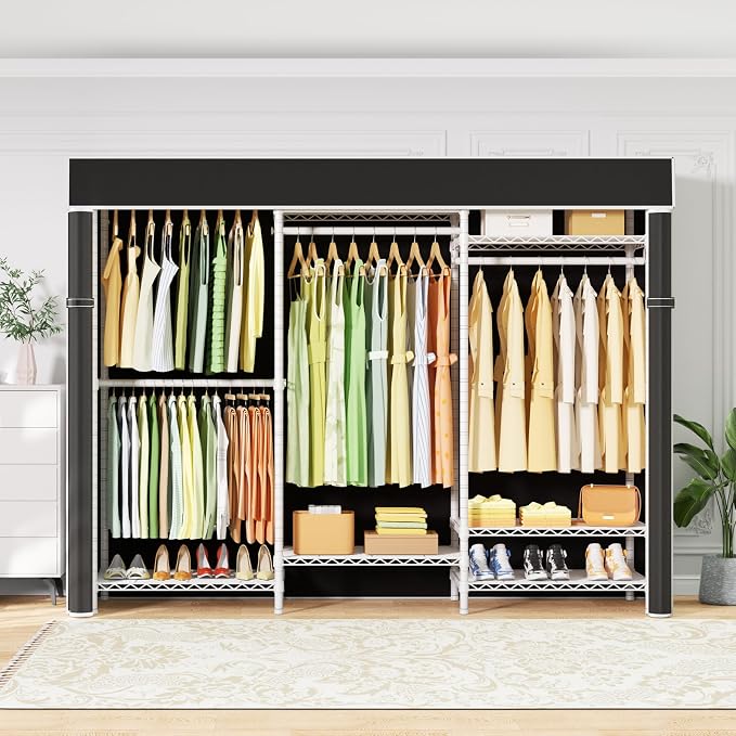 Ulif E13C Heavy Duty Closet Organizer System，Freestanding Clothing Racks for Hanging Clothes，Adjustable Garment Rack 63" W x 16" D x 77" H Hold 960 lbs，White Clothing Rack with Black Dustproof Cover