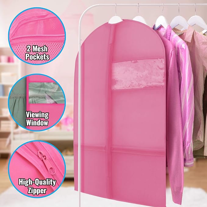 Plixio Garment Bags for Kids Dance Costumes with, Pink: 36" x 23" Window | Zippered Mesh Pockets for Shoes and Accessory Storage for Girls Dress, Recital Outfit with Zippered Mesh Pockets