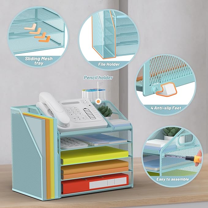 DocNest 5 Tier Paper Letter Tray File Organizer, Mesh Desk File with Handle, Workspace Desk Organizers with Pen Holder, Office Organization Storage Accessories - Blue