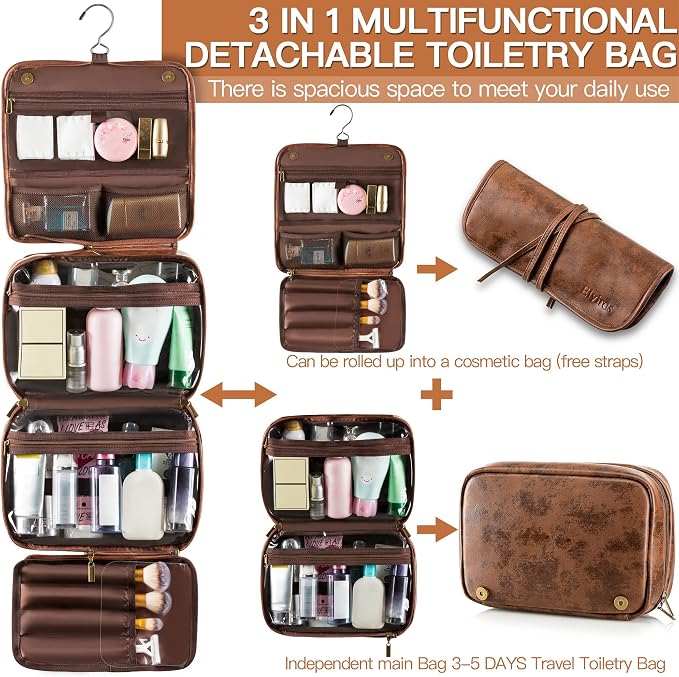 Elviros Hanging Travel Toiletry Bag Gift for Men，Mens Toiletries Bag Gifts Set Shaving Dopp Kit Water-resistant Bathroom Toiletries Organizer PU Leather Cosmetic Bags 2 Pack