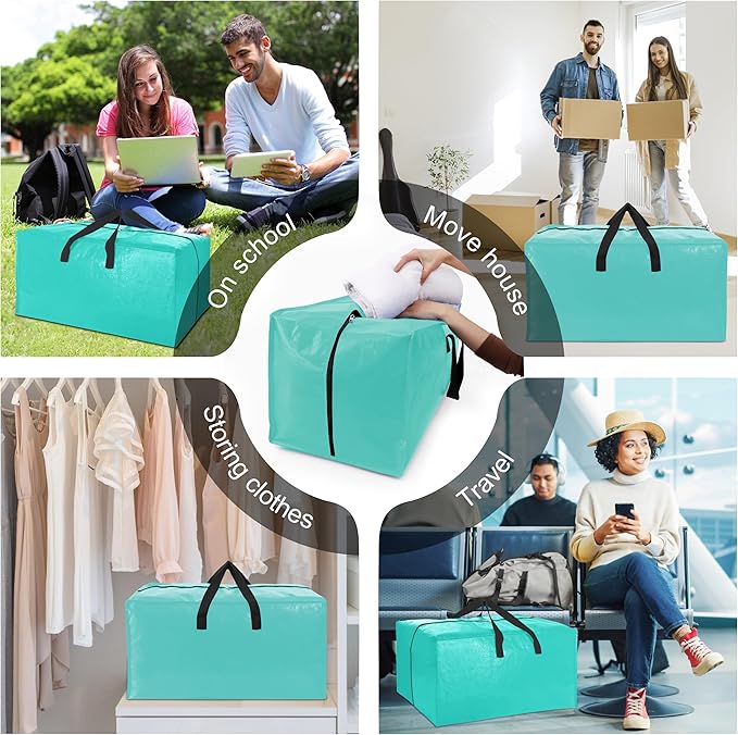 6 Pack Heavy Duty Extra Large Moving Bags W/Backpack Straps - Strong Handles & Zippers, Storage Totes For Space Saving, Fold Flat, Alternative to Box and Bin (40 gal, Aquamarine)
