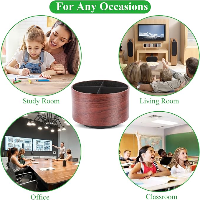 Round Leather Art Supply Organizer,Remote Control Holder,360 Degree Spinning,Multi-Functional Pencil Holder,4 Compartments Desktop Stationary Organizer(1-Light Brown2)