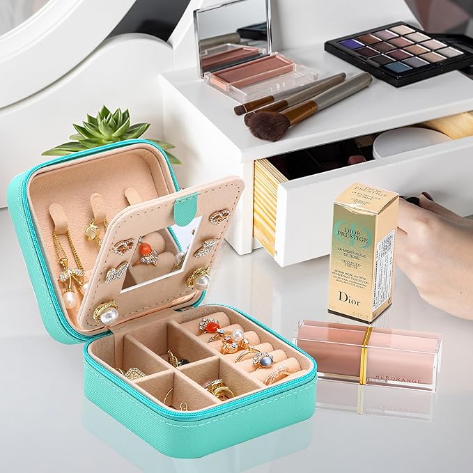 Neveika Jewelry Box with Mirror,Small Jewelry Organizer Box，Travel Jewelry Case for Women，Gift Jewelry Boxes for Female Girls (2pcs mirror blue)