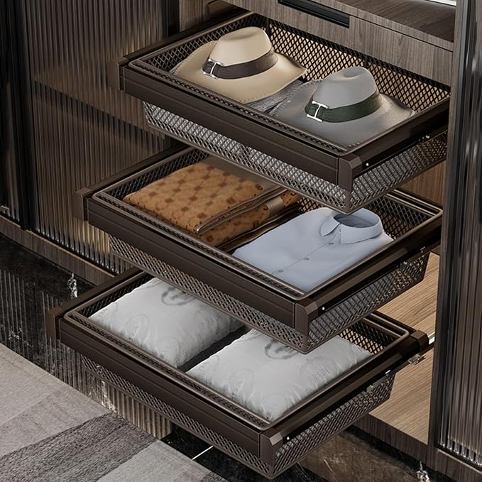 Expandable Cabinet Pull Out Basket,Aluminum Alloy Stackable Storage Bins,Height 6.69In Stackable Shelf Baskets Organizer,for Office Bathroom Bedroom,Gray-79.92-33.85in