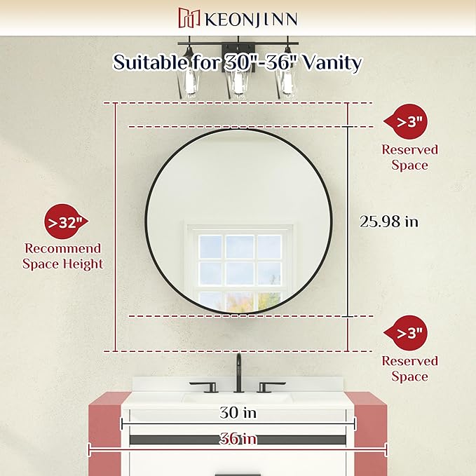 Keonjinn Round Brushed Nickel Medicine Cabinet Mirror for Bathroom, 26 Inch Surface Mount Medicine Cabinet with Mirror, Circular Framed Mirrored Medicine Cabinets, Modern Cabinet with Vanity Mirror