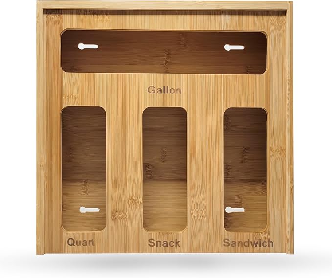 Ziplock Bag Organizer for Drawer – Bamboo Ziploc Bag Holder with Sliding Lid for Gallon, Quart, Snack & Sandwich Bags