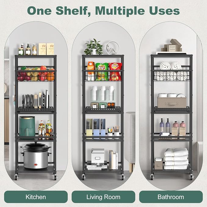 Housolution 5 Tier Kitchen Storage Cart with Fruit Basket Pot Lid Organizer | Versatile Storage, Pull-Out Cutting Board Rack, 4 Lockable Swivel Wheels, Wooden Top, for Kitchen, Pantry, Bathroom, Black