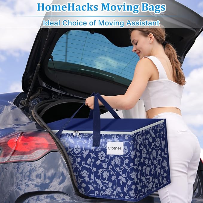 HomeHacks Moving Bags, Extra Large Size Moving Boxes, Heavy Duty Luggage Bags with Smooth Zipper and Sturdy Handles, Large Capacity & Easy Loading Storage Totes for Space Saver 125L, 4-Pack, Blue