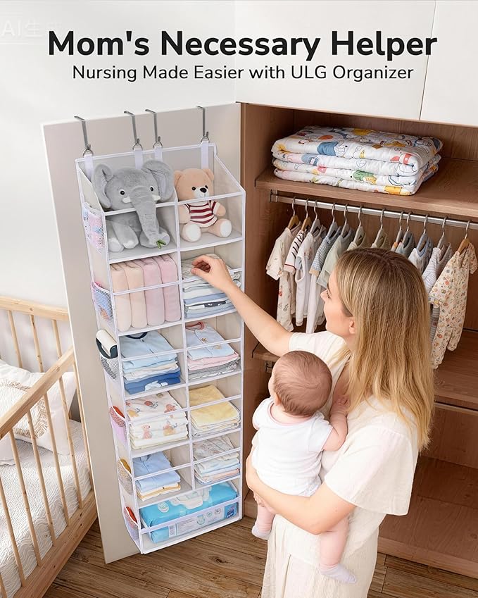 ULG Over the Door Organizer, 6-Tier Hanging Storage with Clear Windows, 19 Pockets for Closet,Bathroom & Nursery Door Organizer