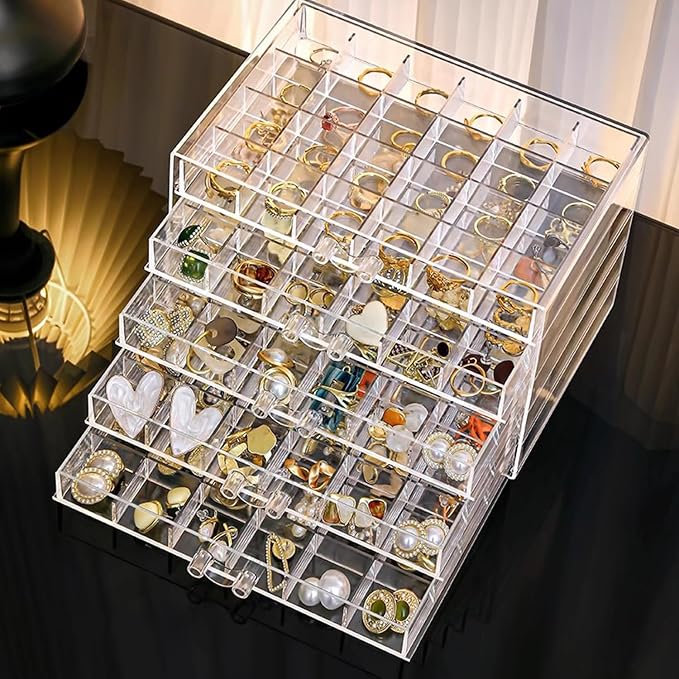 SPAKOWN Earring Organizer Acrylic Jewelry Holder Organizer with 5 Drawers | Stackable Earring Storage Case Jewelry Boxes for Women (Clear)