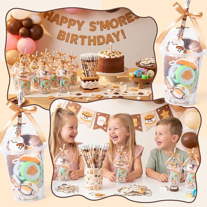 CJiangpo 196Pcs Marshmallow Party Favors Stationery Gift Classroom Prizes | Drink Cup with Lids Bulk, Pencil Sharpener Eraser Sticky Notes Pads Stickers Keychain, Camping Birthday Party Favors Rewards