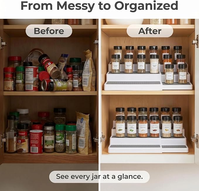 YAN & HIN Expandable Spice Rack Organizer for Cabinet, 3 Tier Adjustable Spice Organizer Shelf with Non-Skid Surface, Tiered Spice Riser for Kitchen Cabinet, Pantry, Countertop Storage, 2 Pack