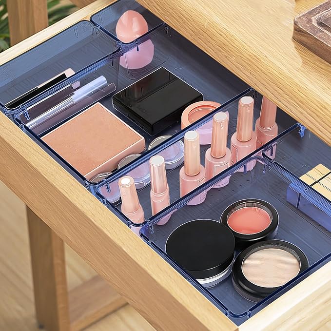 StorMiracle 25 PCS Drawer Organizer Set, 5 Varied Size Bathroom and kitchen Drawer cabinet organizer Trays, Clear Storage Bins for Makeup, Jewelry, Utensils and Gadgets, Dark Blue