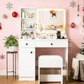 YIKEHOME White Makeup Vanity Desk with Mirror and Lights, Makeup Table with 2 Large Drawers, 3 Color Modes Adjustable Bulb, Power Outlet and Round Holder, Dressing Table for Women Girls Bedroom