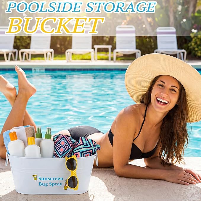 Blulu Sunscreen Bug Spray Storage Bucket Metal Poolside Basket Above Ground Pool Bin Summer Basket Outdoor Storage for Sunscreen Goggles Flip Flop Spf Swimming Camping Beach Accessories Decor(White)
