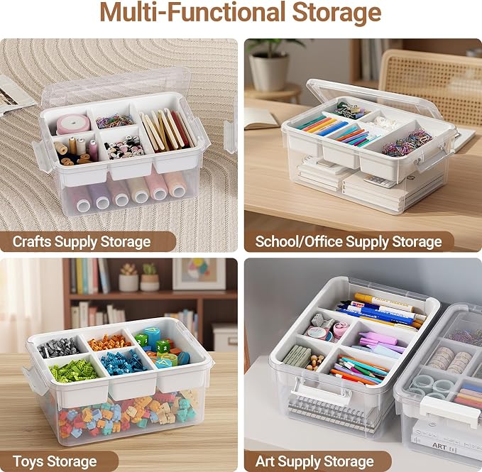80Qt Stackable Storage Bins with Lids & Trays, Clear Plastic Latching Boxes Organizers with Dividers Portable 20Gal Containers for Arts & Crafts, Home and Car Trunk Organization, 4Pack