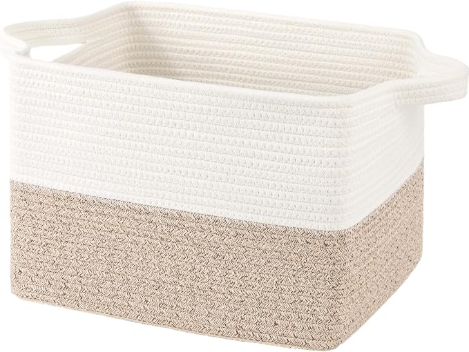 OIAHOMY Cotton Rope Storage Basket, Rectangular Woven Bin with Handles, Small Shelf Bins for Toys Towels Clothes, 13.4x11x9.5 Inches, White and Brown