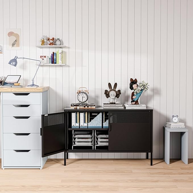 Washsemba 2 Door Storage Sideboard, Metal Storage Cabinet with 2 Adjustable Shelf,Multipurpose Metal Accent Cabinet for Office Home,Music Studio (Black, 25''H)