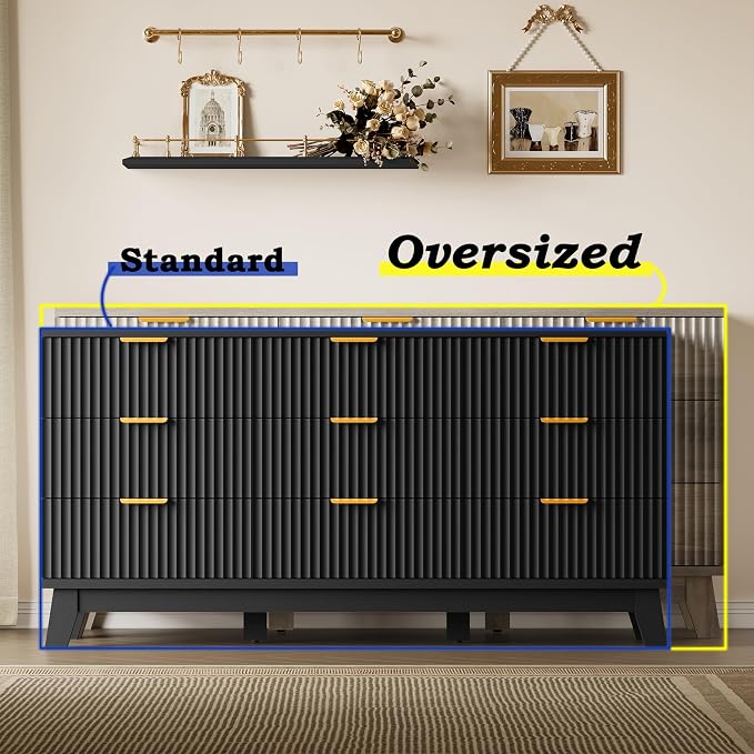 BORNOON Fluted 9 Drawer Dresser, 57.1" Wide Modern Boho Chest of Drawers, Wooden Storage Dresser TV Stand for Bedroom, Living Room, Closet, Hallway, Curved Profile Design