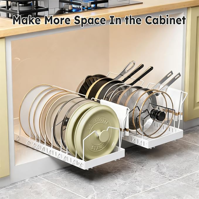 DTUQYX Pots and Pans Organizer Under Cabinet - 2 Pack Pull Out Expandable Pan Organizer Rack with Adjustable 20 Dividers,Cookware Storage Rack for Pots,Pans,Lids,Kitchen Cabinet Space Saving