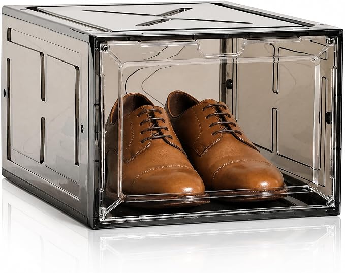 Translucent Black Shoe Storage Box, 2026 2nd Gen Thickened Hard Plastic Stackable Organizer with Magnetic Door, Folding Shoe Rack for Closet, Premium Sneaker Display Case, 1 Pack